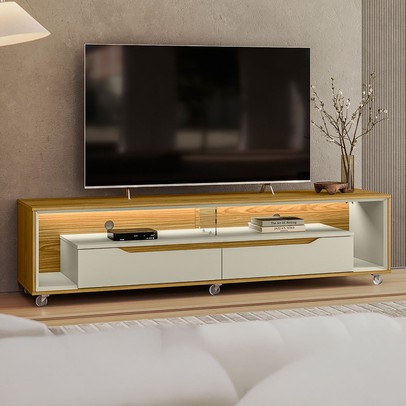Rack para TV Até 65 Polegadas Loop 2 Gavetas com Vidro e Led Cedro/Off White - Olivar Móveis