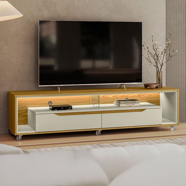 Rack para TV Até 65 Polegadas Loop 2 Gavetas com Vidro e Led Cedro/Off White - Olivar Móveis
