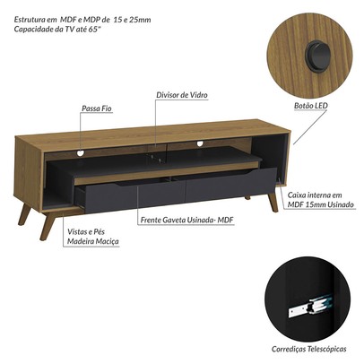 Rack para TV Até 65 Polegadas Duo 2 Gavetas com Vidro e Led Cedro/Preto - Olivar Móveis