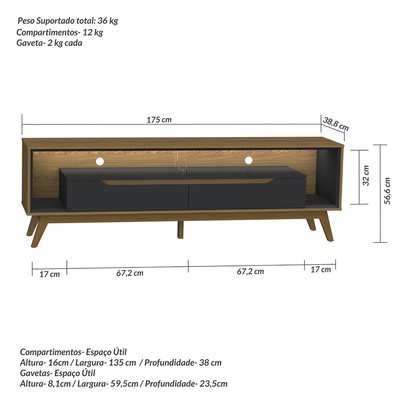 Rack para TV Até 65 Polegadas Duo 2 Gavetas com Vidro e Led Cedro/Preto - Olivar Móveis