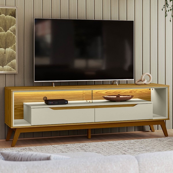 Rack para TV Até 65 Polegadas Duo 2 Gavetas com Vidro e Led Cedro/Off White - Olivar Móveis