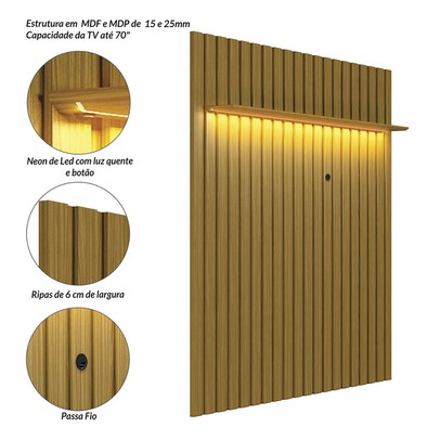 Painel para TV Até 70 Polegadas London 1 Prateleira com Led Cedro - Olivar Móveis