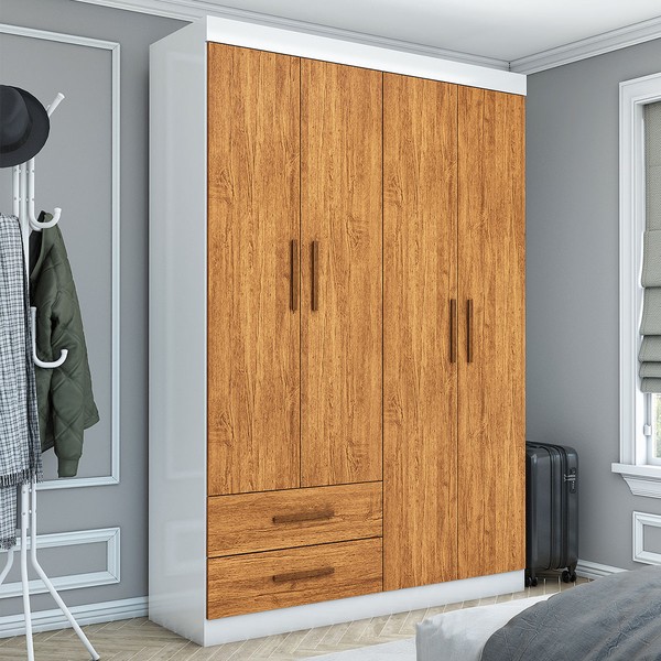 Guarda-Roupa Solteiro Genova 4 Portas 2 Gavetas Branco/Cinamomo - Carioca Móveis