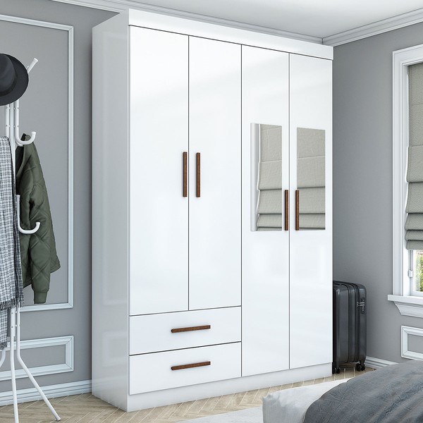 Guarda-Roupa Solteiro Genova 4 Portas 2 Gavetas com Espelho Branco - Carioca Móveis