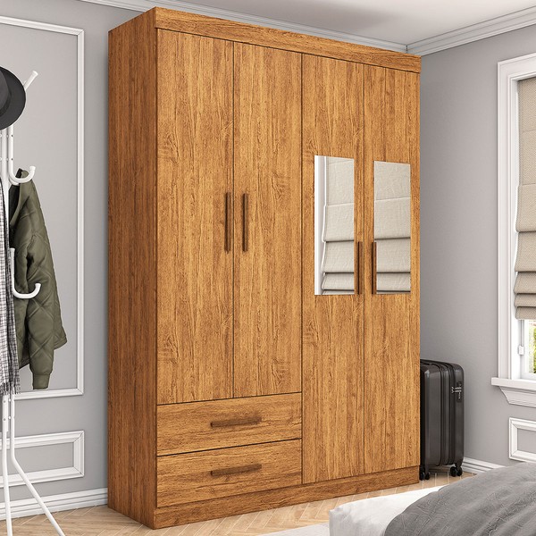 Guarda-Roupa Solteiro Genova 4 Portas 2 Gavetas com Espelho Cinamomo - Carioca Móveis