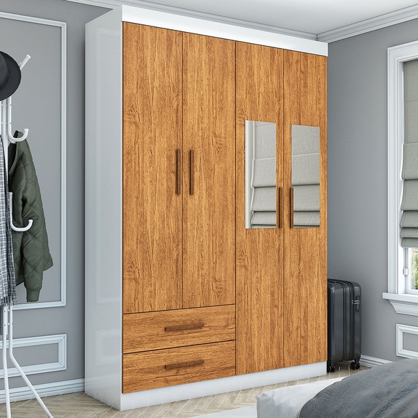 Guarda-Roupa Solteiro Genova 4 Portas 2 Gavetas com Espelho Branco/Cinamomo - Carioca Móveis