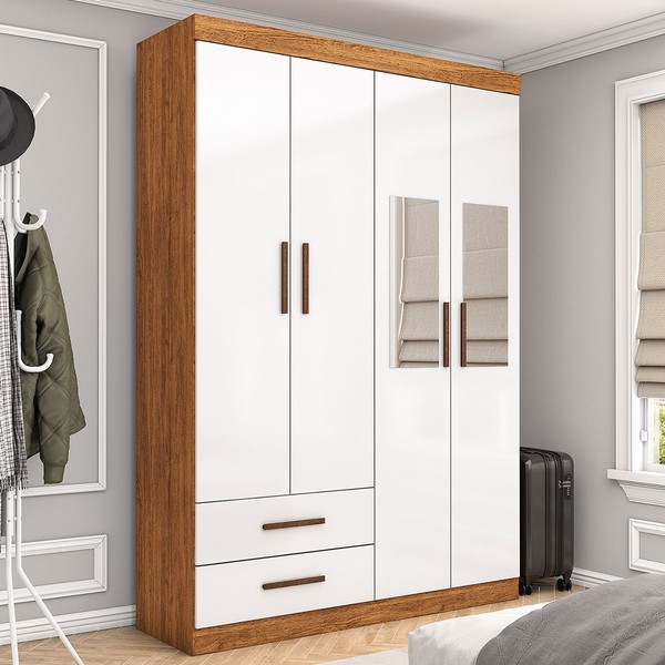 Guarda-Roupa Solteiro Genova 4 Portas 2 Gavetas com Espelho Cinamomo/Branco - Carioca Móveis