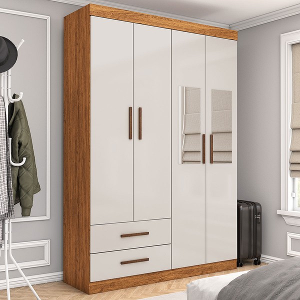 Guarda-Roupa Solteiro Genova 4 Portas 2 Gavetas com Espelho Cinamomo/Off White - Carioca Móveis