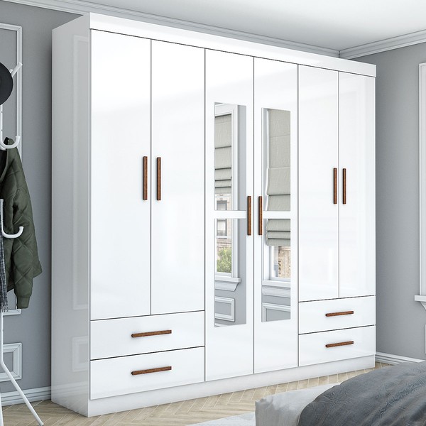 Guarda-Roupa Casal Genova 6 Portas 4 Gavetas com Espelho Branco - Carioca Móveis