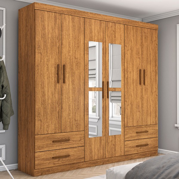 Guarda-Roupa Casal Genova 6 Portas 4 Gavetas com Espelho Cinamomo - Carioca Móveis