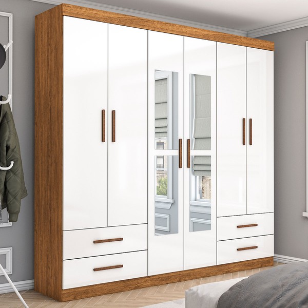 Guarda-Roupa Casal Genova 6 Portas 4 Gavetas com Espelho Cinamomo/Branco - Carioca Móveis