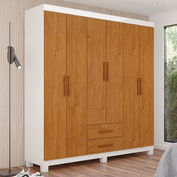 Guarda-Roupa Solteiro Aurora 6 Portas 2 Gavetas 22116 Branco/Cinamomo - Carioca Móveis