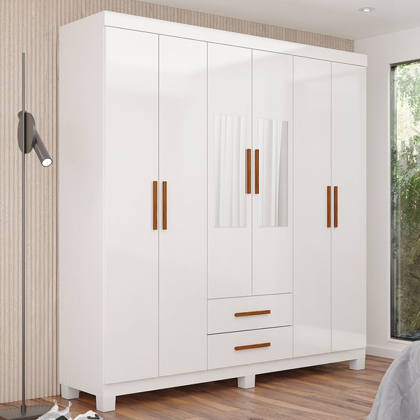 Guarda-Roupa Solteiro Aurora 6 Portas 2 Gavetas com Espelho 22117 Branco - Carioca Móveis