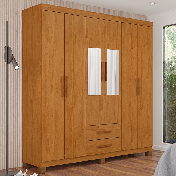 Guarda-Roupa Solteiro Aurora 6 Portas 2 Gavetas com Espelho 22117 Cinamomo - Carioca Móveis