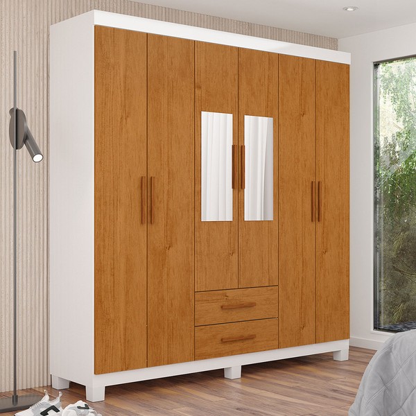 Guarda-Roupa Solteiro Aurora 6 Portas 2 Gavetas com Espelho 22117 Branco/Cinamomo - Carioca Móveis