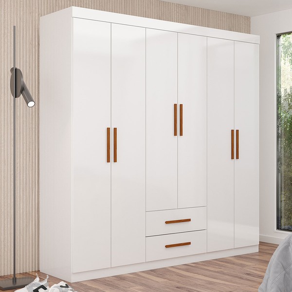 Guarda-Roupa Solteiro Aurora 6 Portas 2 Gavetas Branco - Carioca Móveis