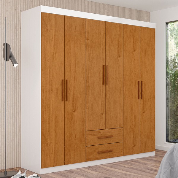 Guarda-Roupa Solteiro Aurora 6 Portas 2 Gavetas Branco/Cinamomo - Carioca Móveis