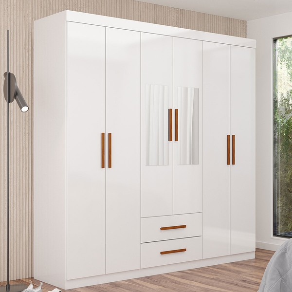 Guarda-Roupa Solteiro Aurora 6 Portas 2 Gavetas com Espelho Branco - Carioca Móveis
