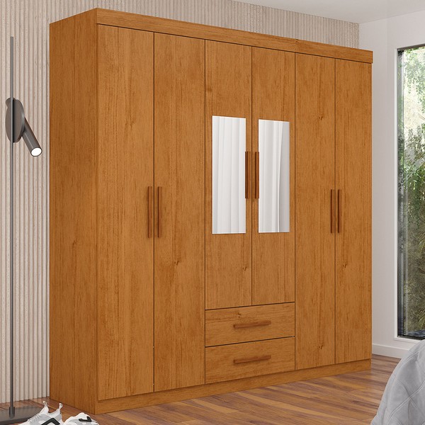 Guarda-Roupa Solteiro Aurora 6 Portas 2 Gavetas com Espelho Cinamomo - Carioca Móveis