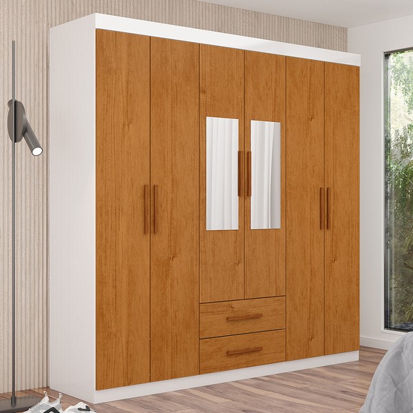 Guarda-Roupa Solteiro Aurora 6 Portas 2 Gavetas com Espelho Branco/Cinamomo - Carioca Móveis