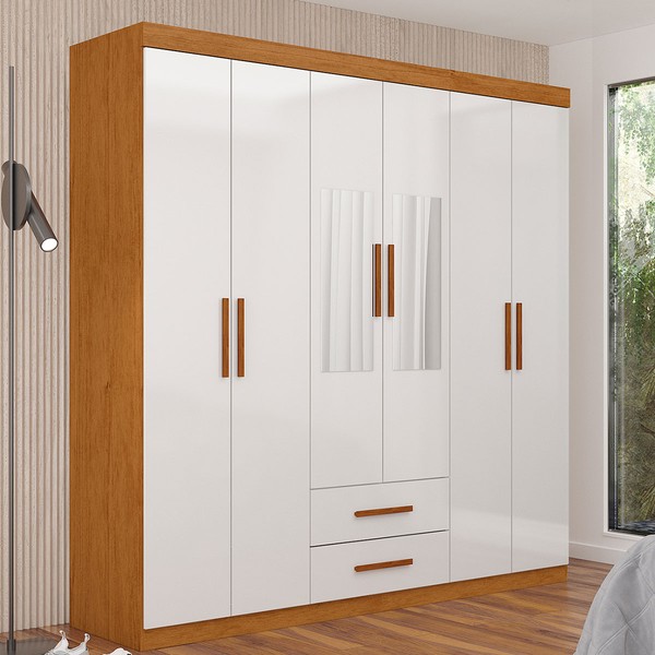 Guarda-Roupa Solteiro Aurora 6 Portas 2 Gavetas com Espelho Cinamomo/Branco - Carioca Móveis