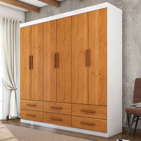 Guarda-Roupa Solteiro Denver 6 Portas 6 Gavetas Branco/Cinamomo - Carioca Móveis