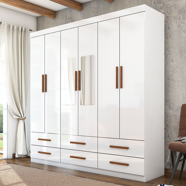 Guarda-Roupa Solteiro Denver 6 Portas 6 Gavetas com Espelho Branco - Carioca Móveis