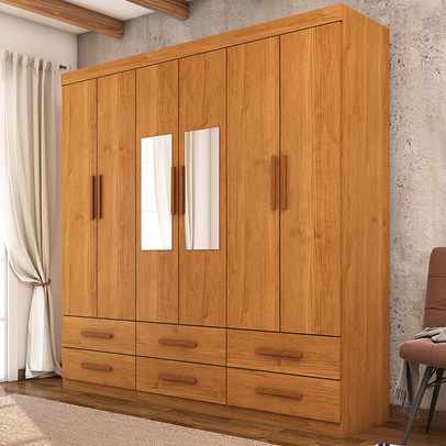 Guarda-Roupa Solteiro Denver 6 Portas 6 Gavetas com Espelho Cinamomo - Carioca Móveis
