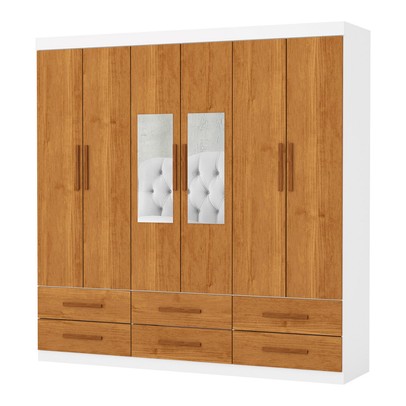 Guarda-Roupa Solteiro Denver 6 Portas 6 Gavetas com Espelho Branco/Cinamomo - Carioca Móveis
