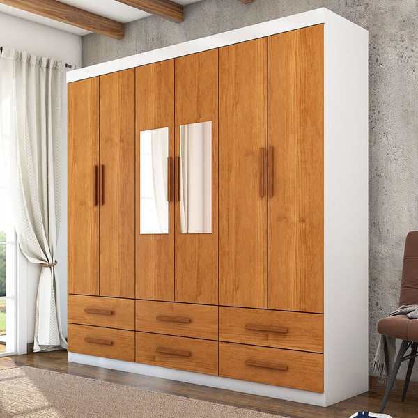 Guarda-Roupa Solteiro Denver 6 Portas 6 Gavetas com Espelho Branco/Cinamomo - Carioca Móveis