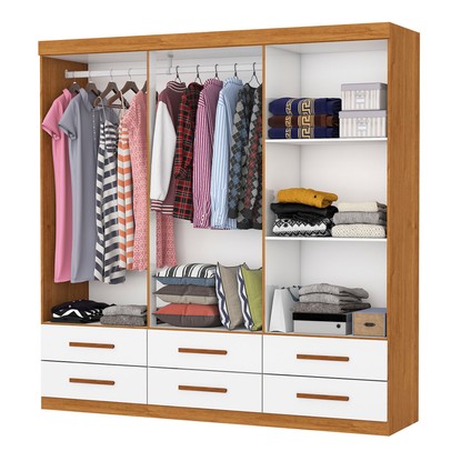 Guarda-Roupa Solteiro Denver 6 Portas 6 Gavetas com Espelho Cinamomo/Branco - Carioca Móveis