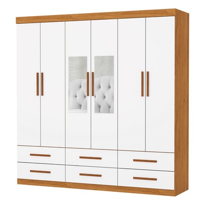 Guarda-Roupa Solteiro Denver 6 Portas 6 Gavetas com Espelho Cinamomo/Branco - Carioca Móveis