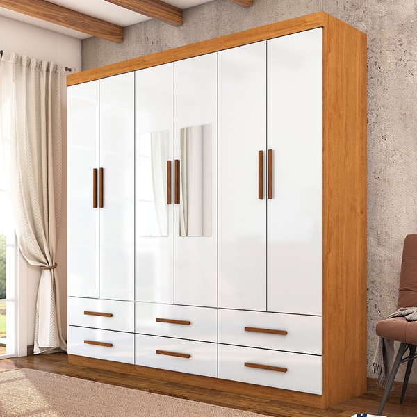 Guarda-Roupa Solteiro Denver 6 Portas 6 Gavetas com Espelho Cinamomo/Branco - Carioca Móveis