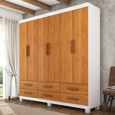 Guarda-Roupa Solteiro Denver 6 Portas 6 Gavetas 22120 Branco/Cinamomo - Carioca Móveis