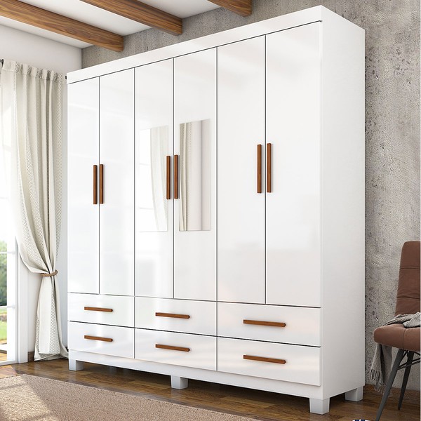Guarda-Roupa Solteiro Denver 6 Portas 6 Gavetas com Espelho 22121 Branco - Carioca Móveis