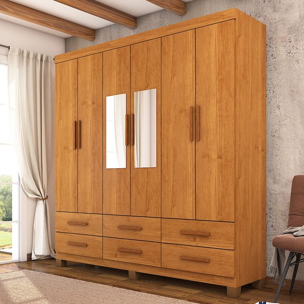 Guarda-Roupa Solteiro Denver 6 Portas 6 Gavetas com Espelho 22121 Cinamomo - Carioca Móveis