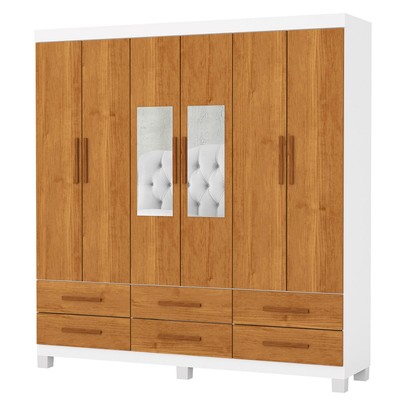 Guarda-Roupa Solteiro Denver 6 Portas 6 Gavetas com Espelho 22121 Branco/Cinamomo - Carioca Móveis