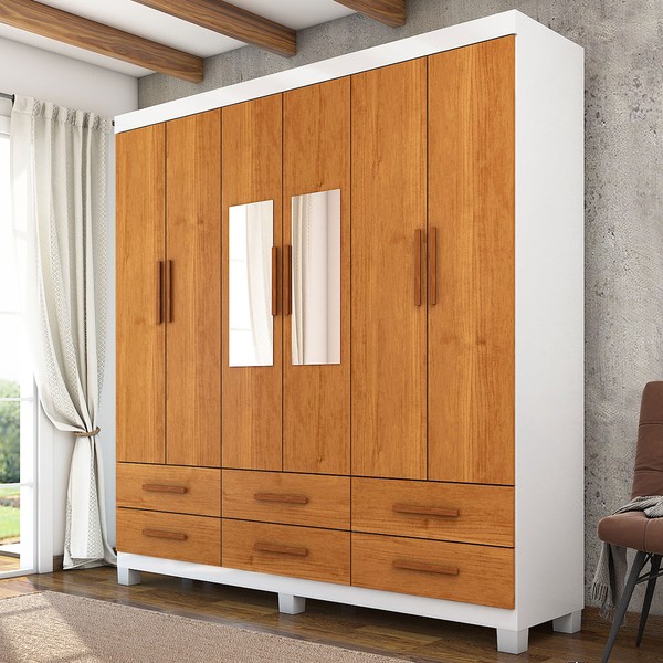 Guarda-Roupa Solteiro Denver 6 Portas 6 Gavetas com Espelho 22121 Branco/Cinamomo - Carioca Móveis