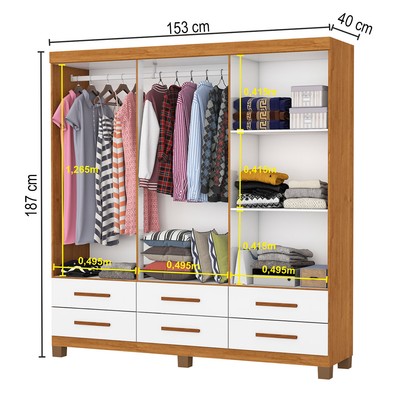 Guarda-Roupa Solteiro Denver 6 Portas 6 Gavetas com Espelho 22121 Cinamomo/Branco - Carioca Móveis