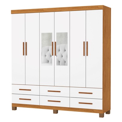 Guarda-Roupa Solteiro Denver 6 Portas 6 Gavetas com Espelho 22121 Cinamomo/Branco - Carioca Móveis