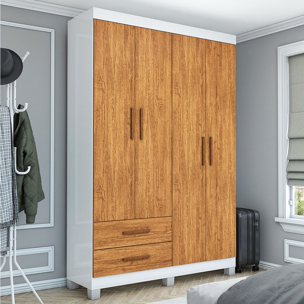 Guarda-Roupa Solteiro Genova 4 Portas 2 Gavetas 22112 Branco/Cinamomo - Carioca Móveis
