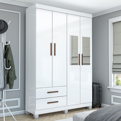Guarda-Roupa Solteiro Genova 4 Portas 2 Gavetas com Espelho 22113 Branco - Carioca Móveis