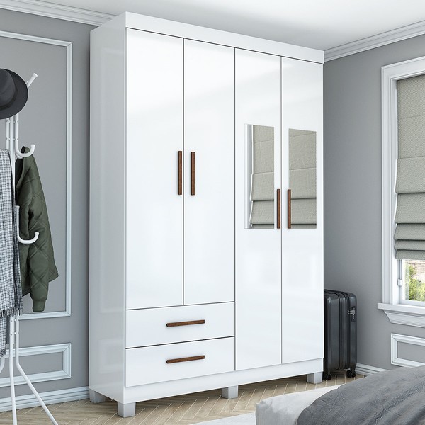 Guarda-Roupa Solteiro Genova 4 Portas 2 Gavetas com Espelho 22113 Branco - Carioca Móveis