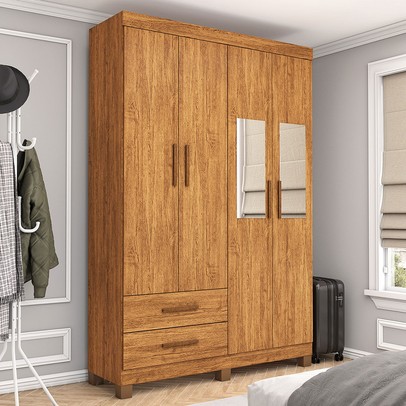 Guarda-Roupa Solteiro Genova 4 Portas 2 Gavetas com Espelho 22113 Cinamomo - Carioca Móveis