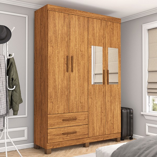 Guarda-Roupa Solteiro Genova 4 Portas 2 Gavetas com Espelho 22113 Cinamomo - Carioca Móveis