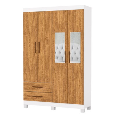 Guarda-Roupa Solteiro Genova 4 Portas 2 Gavetas com Espelho 22113 Branco/Cinamomo - Carioca Móveis