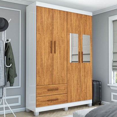 Guarda-Roupa Solteiro Genova 4 Portas 2 Gavetas com Espelho 22113 Branco/Cinamomo - Carioca Móveis