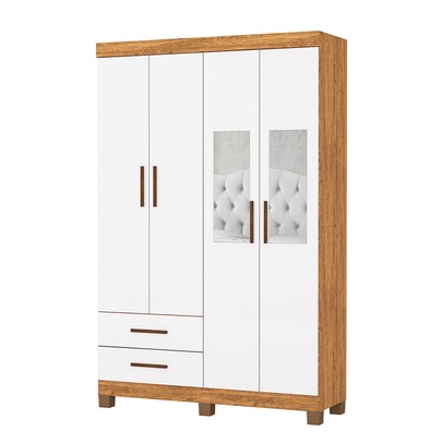 Guarda-Roupa Solteiro Genova 4 Portas 2 Gavetas com Espelho 22113 Cinamomo/Branco - Carioca Móveis