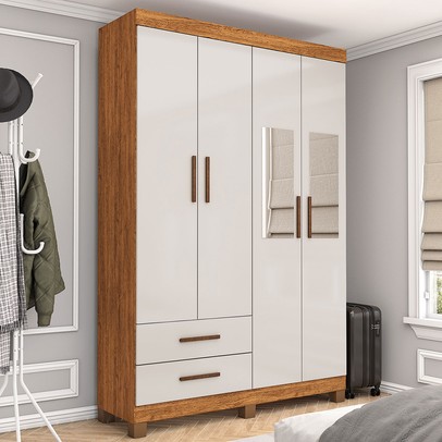 Guarda-Roupa Solteiro Genova 4 Portas 2 Gavetas com Espelho 22113 Cinamomo/Off White - Carioca Móveis