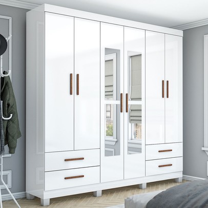 Guarda-Roupa Casal Genova 6 Portas 4 Gavetas com Espelho 22111 Branco - Carioca Móveis